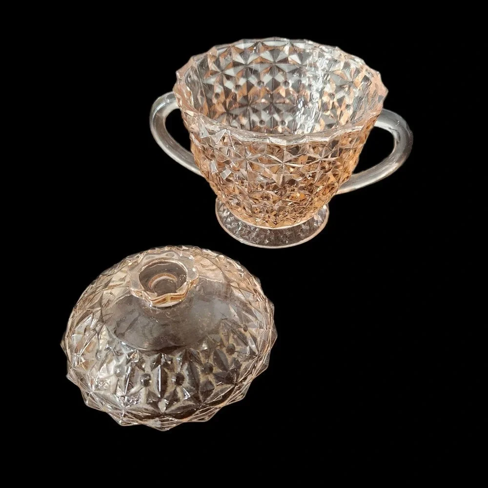 Depression Amber Peach‎ Glass Etched Sugar Bowl & Platter